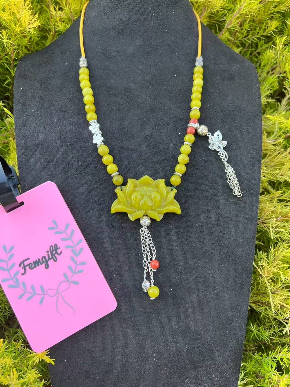 Serpentine jade - Olive Green Lotus Bead Necklace with Silver Tassel